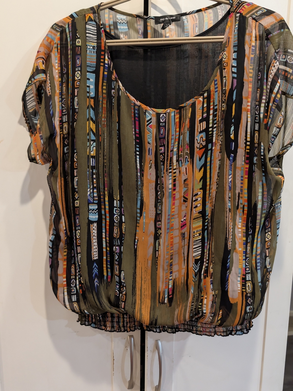 Spense Olive Multi Vertical Stripe Sheer Blouse